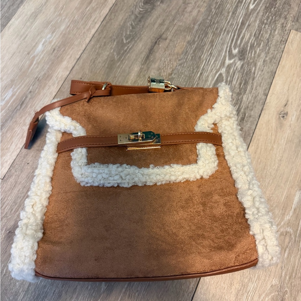Brown Shearling-Trimmed Women's Bag